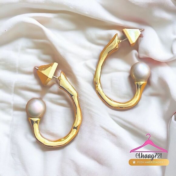 ALEXIS BITTAR Pearl Capped Twisted Gold Open Hoop Post Earrings - Picture 6 of 14